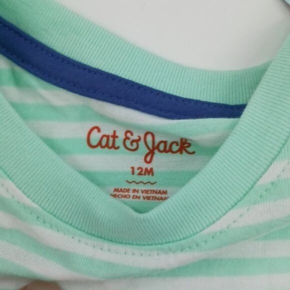 Cat & Jack T Shirt Green Striped Short Sleeve Baby Boy Size 12 Months - Picture 2 of 3